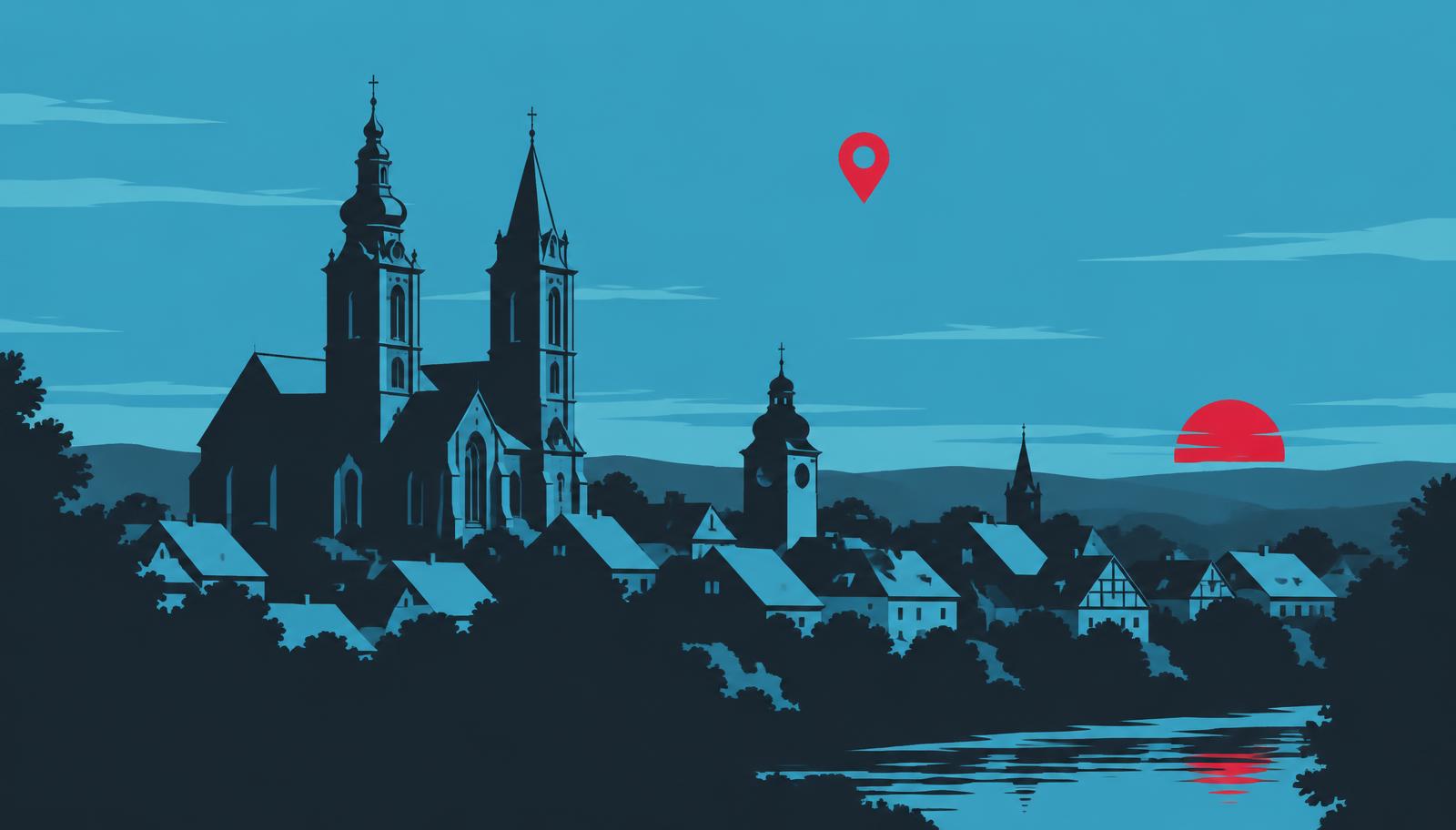 Grafik der Wurzener Stadtsilhouette mit Standort-Markierung